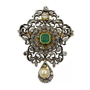 Gold and silver brooch with emerald, diamonds and pearl - Italy 19th century