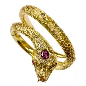 Bracciale rigido a serpe in oro 18k con diamanti e rubini - Italia anni '40