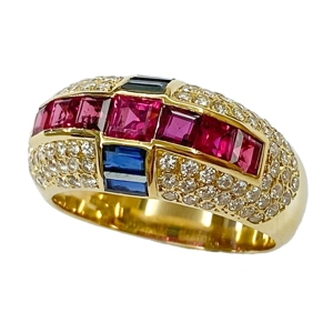 18 karat yellow gold ring with diamonds, rubies and sapphires - Italy 1980s