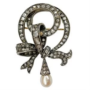 Gold and silver bow brooch with diamonds and pearl - Italy 19th century