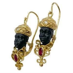 Venetian Moor earrings in 18k yellow gold with rubies and diamonds - Italy 1970s