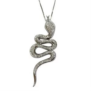 18k white gold necklace and snake pendant with diamonds and rubies - Italy 1990s