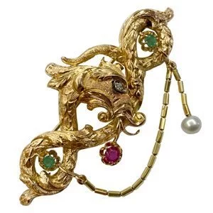 Spilla in oro 18 karati con rubino, smeraldi e diamanti - Italia anni '40