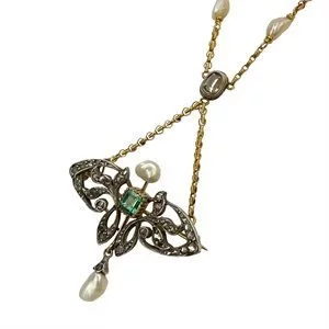 Gold and silver necklace with emerald, diamonds and pearls - Italy early 1900s