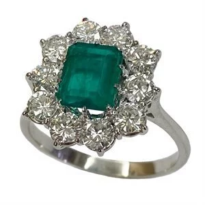 Anello a margherita in oro bianco 18 karati con smeraldo e diamanti - Italia anni '50