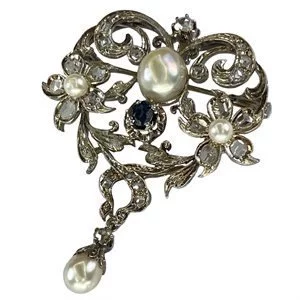 Spilla in oro bianco 18 karati con diamanti, perle e zaffiro - Italia anni '20