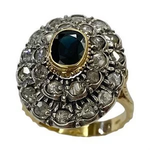 Gold and silver daisy ring with sapphire and diamonds - Italy 1980s