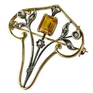Spilla in oro giallo e argento con topazio e diamanti - Italia primo '900
