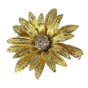 18 karat yellow gold flower brooch with diamonds - Italy 1970s