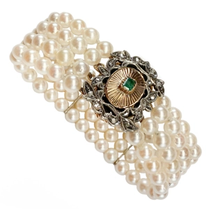 Akoya pearl bracelet with gold and silver clasp with emerald and diamonds - Italy 1970s