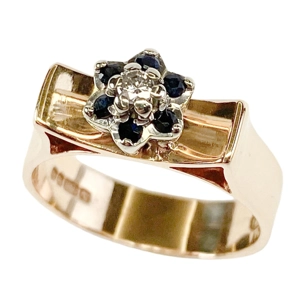 Anello in oro giallo 9 karati con zaffiri e diamante - Inghilterra anni '50
