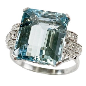 18 karat white gold ring with aquamarine and diamonds - Italy 1950s