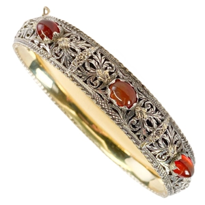 Bracciale rigido in oro giallo e argento con corniola cabochon - Italia inizio '900