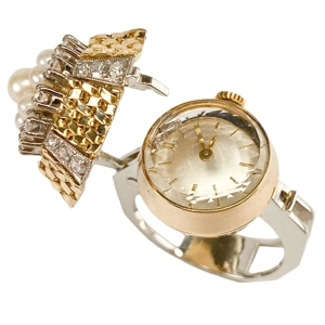 18 karat yellow and white gold ring - watch with diamonds and pearls - Italy 1970s