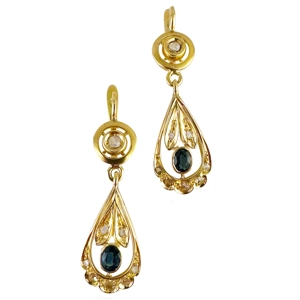 Orecchini in oro giallo 18 karati con diamanti e zaffiri - Italia anni '50
