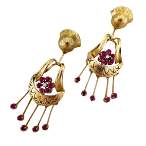 Orecchini in oro giallo 18 karati con rubini e diamanti - Italia anni '50
