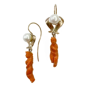 14k gold earrings with coral and natural pearl - Italy 1940s