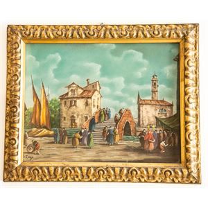 Glimpse of Venice with a bridge - Watercolour on cardboard - Erma Zago - early 1900s