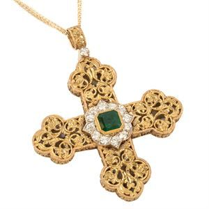 18k gold cross pendant  with emerald and diamonds - Egidio Giansanti - Italy 1960s
